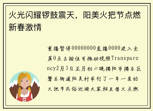 火光闪耀锣鼓震天，阳美火把节点燃新春激情