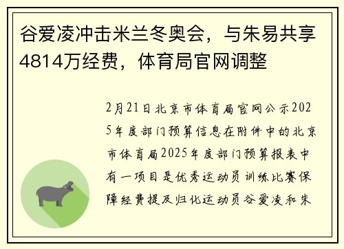 谷爱凌冲击米兰冬奥会，与朱易共享4814万经费，体育局官网调整