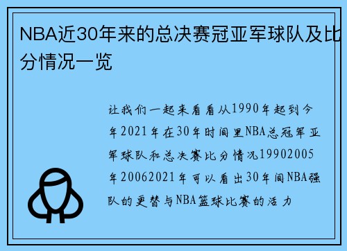 NBA近30年来的总决赛冠亚军球队及比分情况一览