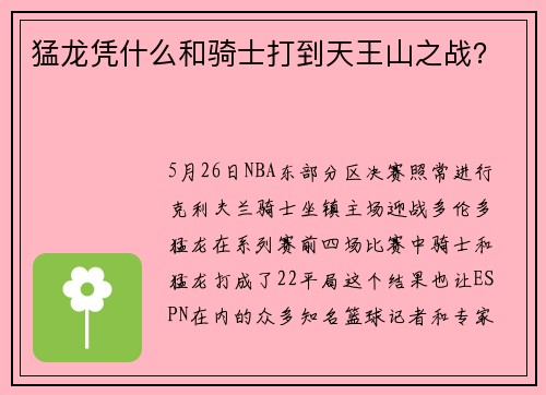 猛龙凭什么和骑士打到天王山之战？