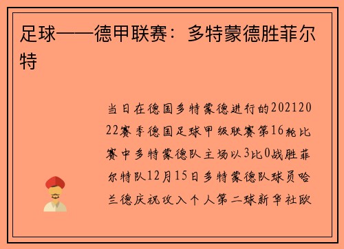 足球——德甲联赛：多特蒙德胜菲尔特